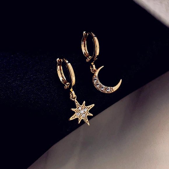 Mismatch Moon and Star Goldtone Huggie Earrings - Picture 3 of 6